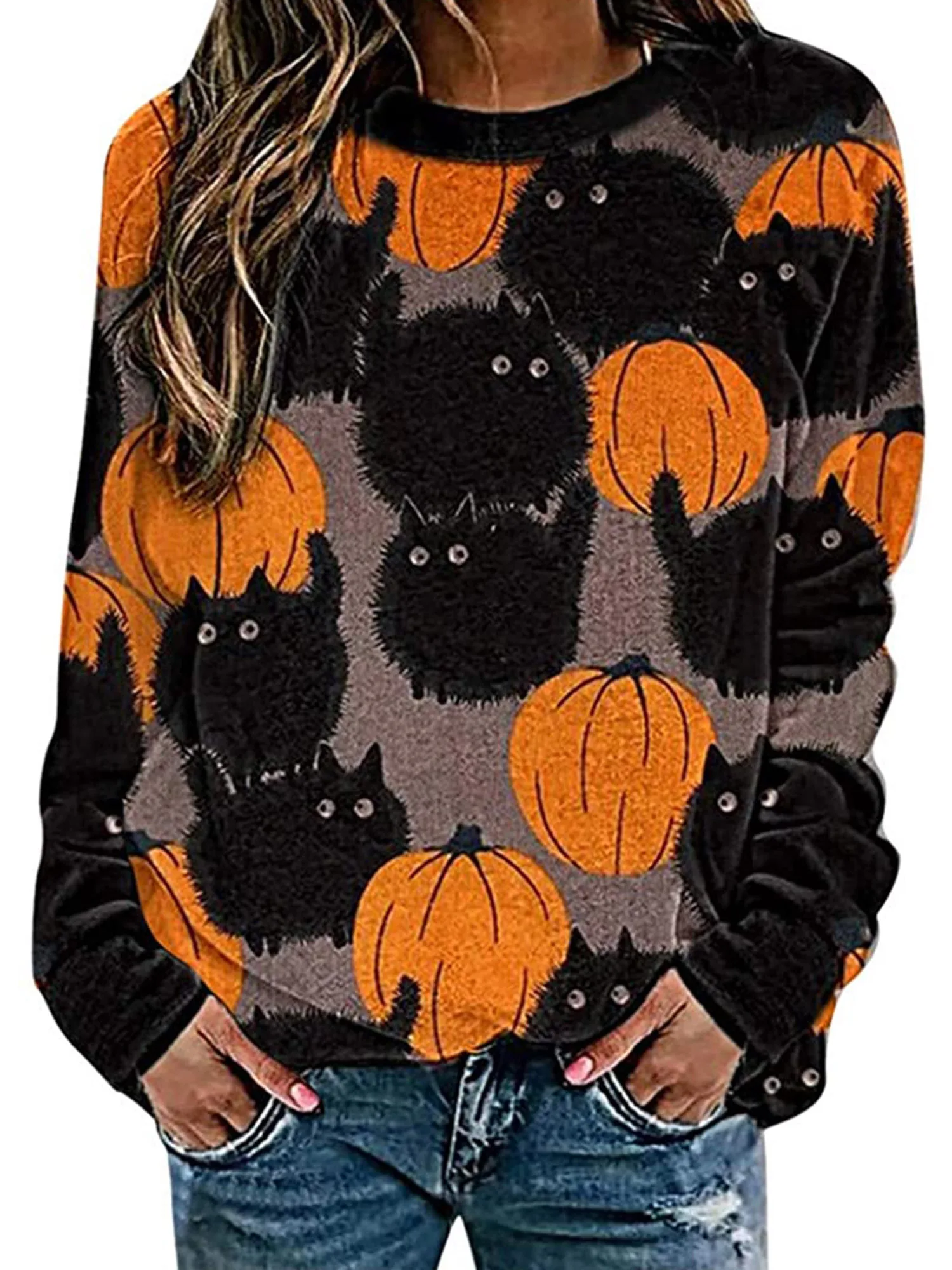 Ženske z Dolgimi Rokavi Halloween Vrh Srčkan Padec Svoboden Stranka Krog Vratu Bučna Black Cat Natisnjeni Jesenski Oblačila