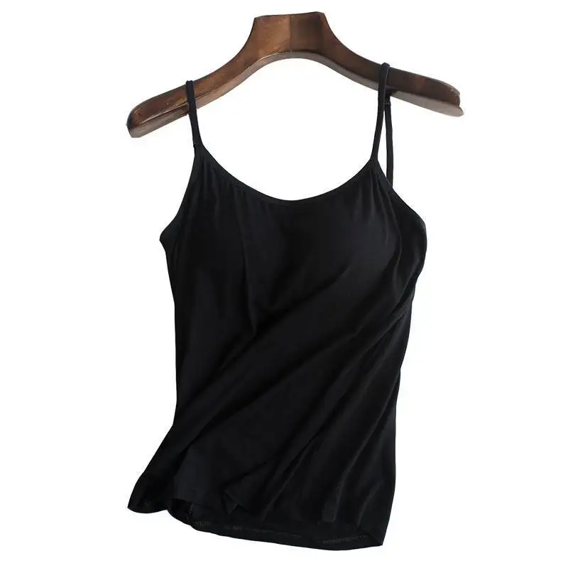 Women Slim Sleeveless Tank Tops Camisole Tops Solid Built In Bra Padded Modal Tanks Casual Spaghetti Camis Top