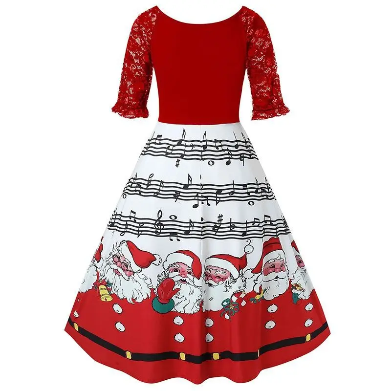 MISSJOY Žensk retro rdeča čipke kratka sleeved Proti-vrat glasbe Santa Claus tiskanje-line velik zamah kolena-dolžina obleko