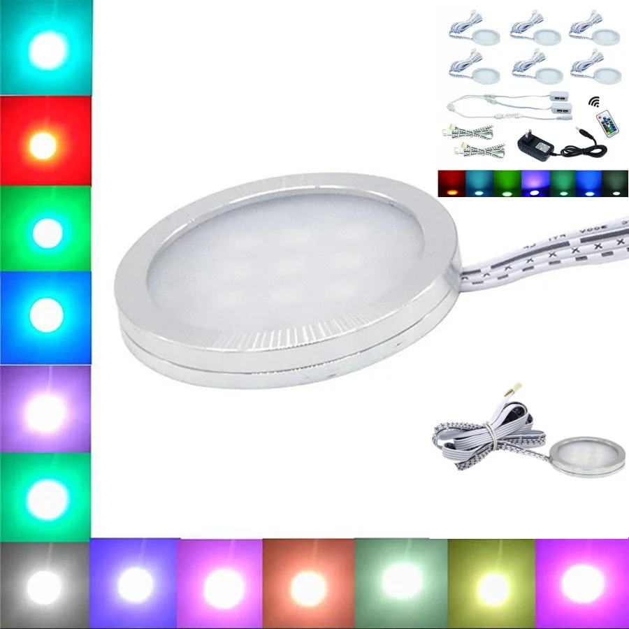 RGB Pod Kabinet Downlight, LED Osvetlitev Bar Policah Kuhinja Pozornosti Svetilka 12V 16 Barvah Z Daljinskim+Adapter 6pcs/Set ONDENN
