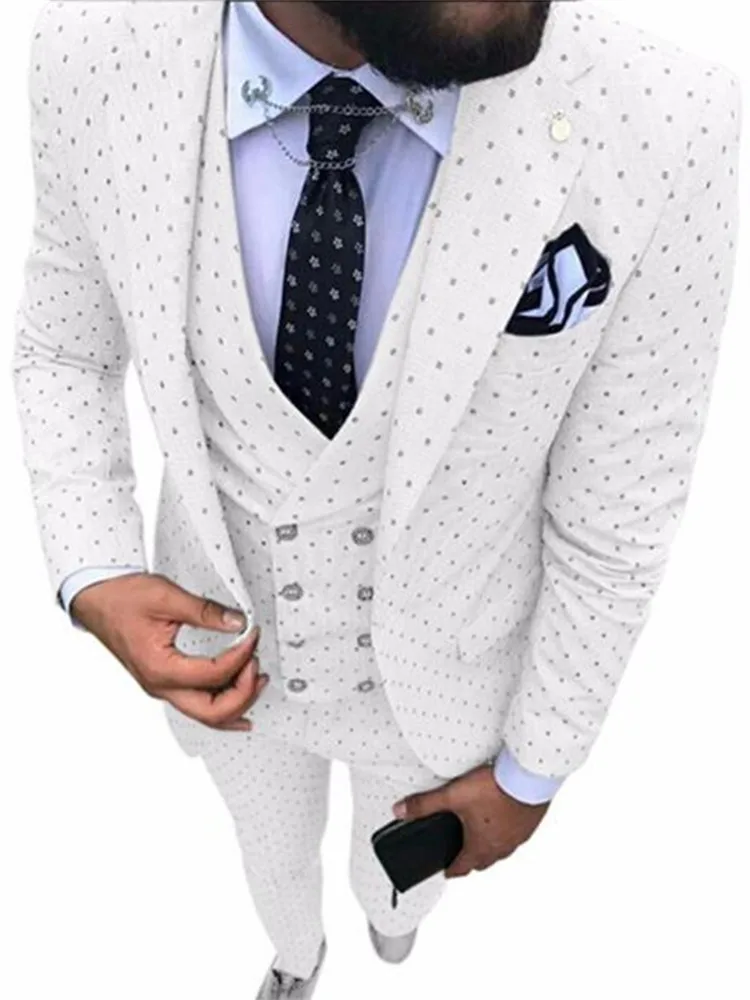 Bela moška Poika pika Obleko 3-Kosi, zadnji plašč, hlače modelov Zarezo River Tuxedos Groomsmen Za Poroko/stranka(Blazer+telovnik+Hlače)