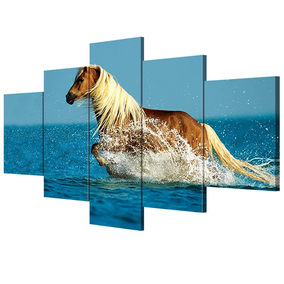 Slike Slikarstvo Wall Art Modular Plakat 5 Plošči Živali Konj Sodobne Platno Dnevna Soba Okvir HD Doma Dekoracijo Natisnjen