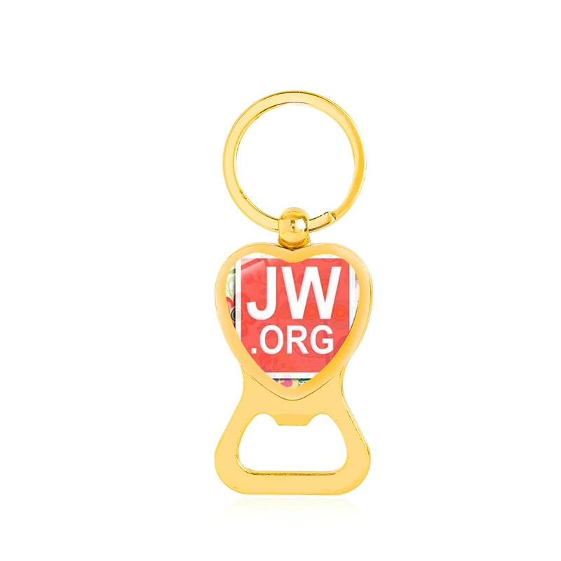 JW.ORG jehovovih Prič Srce Oblika Steklenice Odpirač Obesek Keychains JW Steklenih obeskov Keyring Christian Darilo