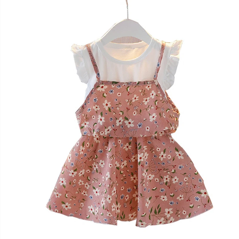 Novorojenček malčka ponaredek dva kosa obleke cvjetnim tiskanja šifon poletne otroške obleke za dekleta poletje srčkan princesa bombaž mozaik