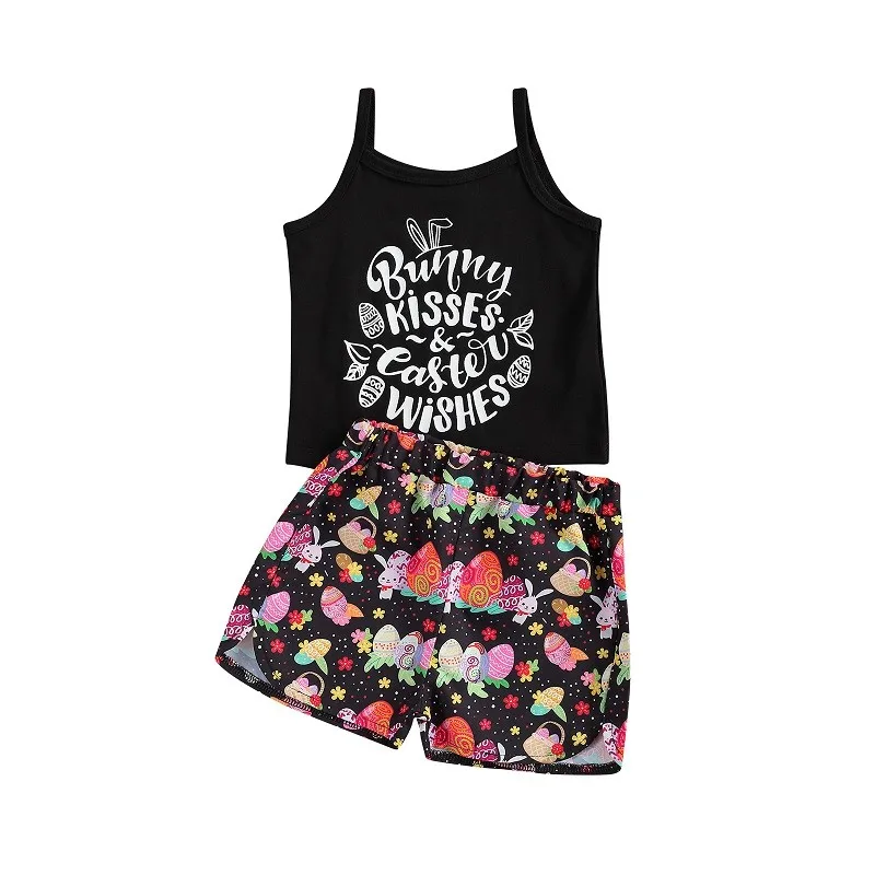 2021 Moda Baby Dekleta Velikonočni Obleko Poletje Sladko Slog Pismo brez Rokavov Suspender Vrh + Zajček Cvjetnim Tiskanje Hlače 1-5T