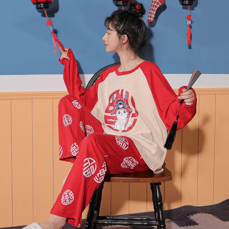 Novi Kitajski Slog Čistega Bombaža Ženske Doma Obleko Dekle Pižame z Dolgimi Rokavi Hlače Udobno Pižamo za Priložnostne Lepe Ženske
