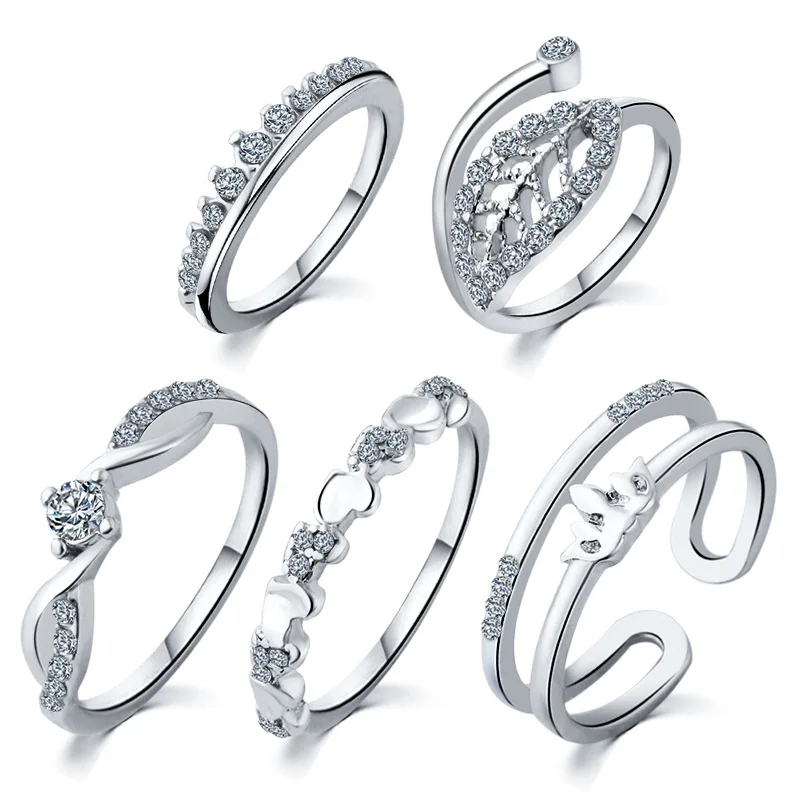 Poročni Prstani Za Ženske Luksuzni Crystal Ring Breskev Srce Obroč Iz Listov Obliko Pet Kos Nov Modni Trend Eleganten Slog 2020