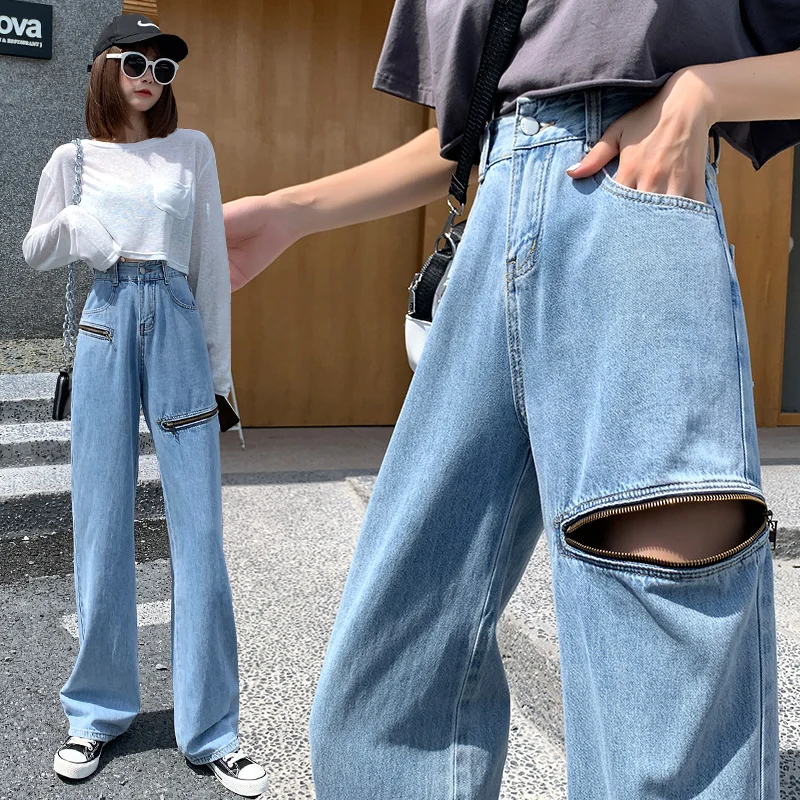 NOVO leto 2020 Moda za Ženske hlače Visoke kakovosti Zadrgo luknjo Svoboden širok noge hlače Priložnostne visoko pasu vrečasta ženski jeans