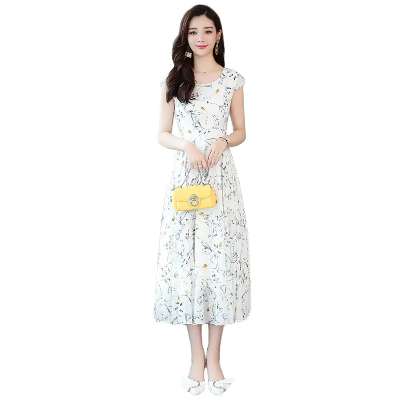 Šifon obleko ženske bele cvjetnim tiskanja plus velikost 2020 poletje temperament slim nove dolgo pravljice obleke feminina z oblog CX1145