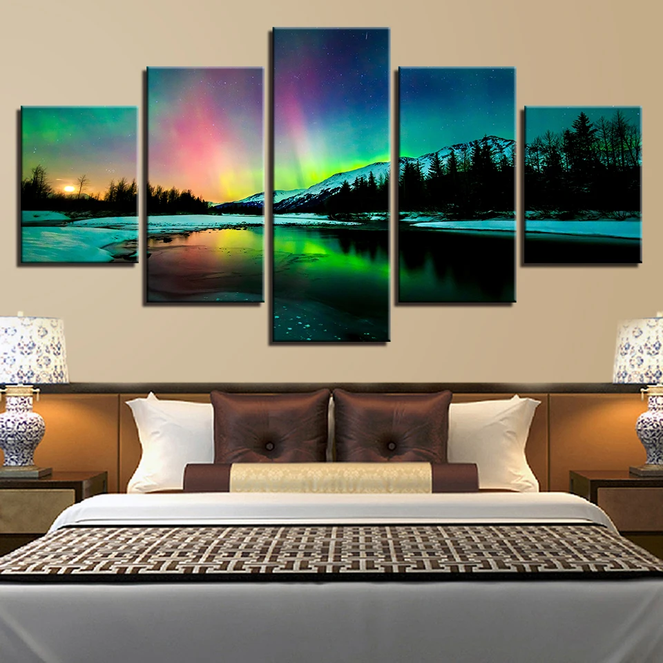 5 kos Platno Slikarstvo Aurora Borealis Jezero Gorska Pokrajina platno poster tiskanje za dnevna soba dekoracijo doma