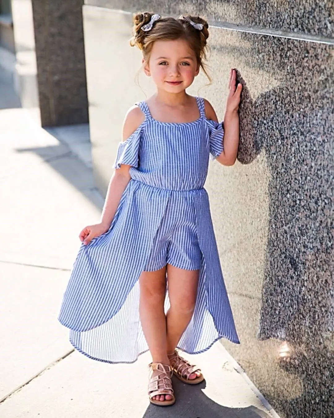 2020 Poletje Moda Priložnostne Sweet Baby Toddler Dekleta Romper Obleko Off Ramenski Modro Črtasto Ruffles Romper Obleko 1-6Y