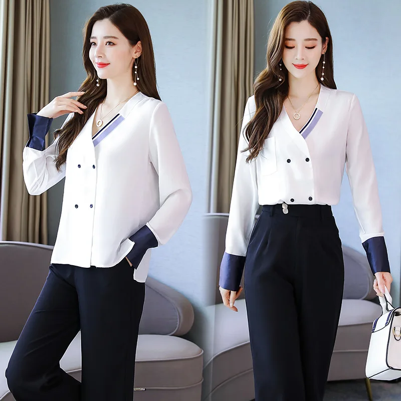 Obleko žensk novi korejski slog v jeseni 2021 V-neck majica in široko noge hlače