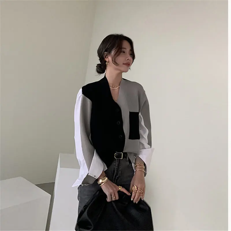Korejski Slog 2021 Moda Mozaik Elegantna Kratka Jeseni Osnovne Novo Pleteno Ženske Proti-Vrat Brezrokavniki Color-Hit Puloverji