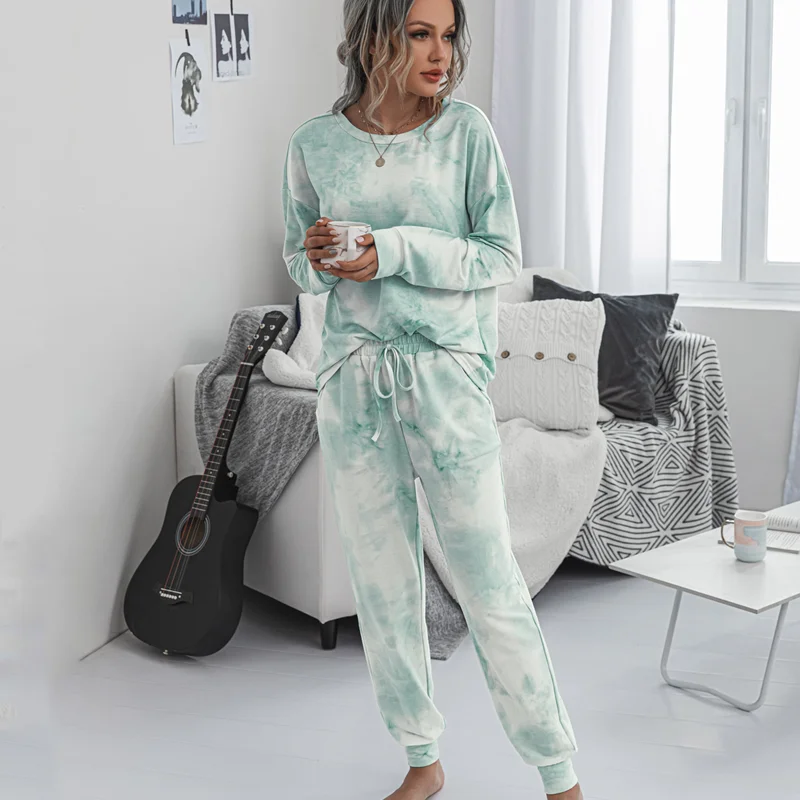 2020 Novo Tie Dye Natisnjeni Ženske Pižame Dolg Rokav Vrhovi In Dolge Hlače Hooded Pijamas Feminino Nastavite More Priložnostne Sleepwear