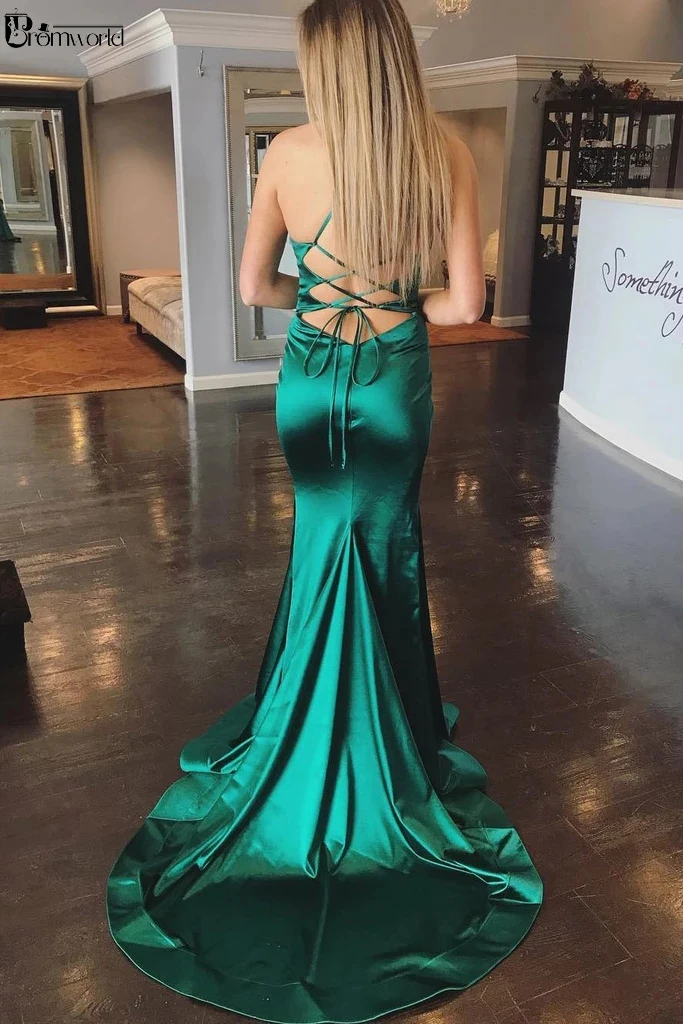 Elegantno Odpiranje Nazaj Špagete Trakovi Zelena Prom Obleke Dolgo Saten Svila Morska Deklica Formalno Večerno Obleko 2020