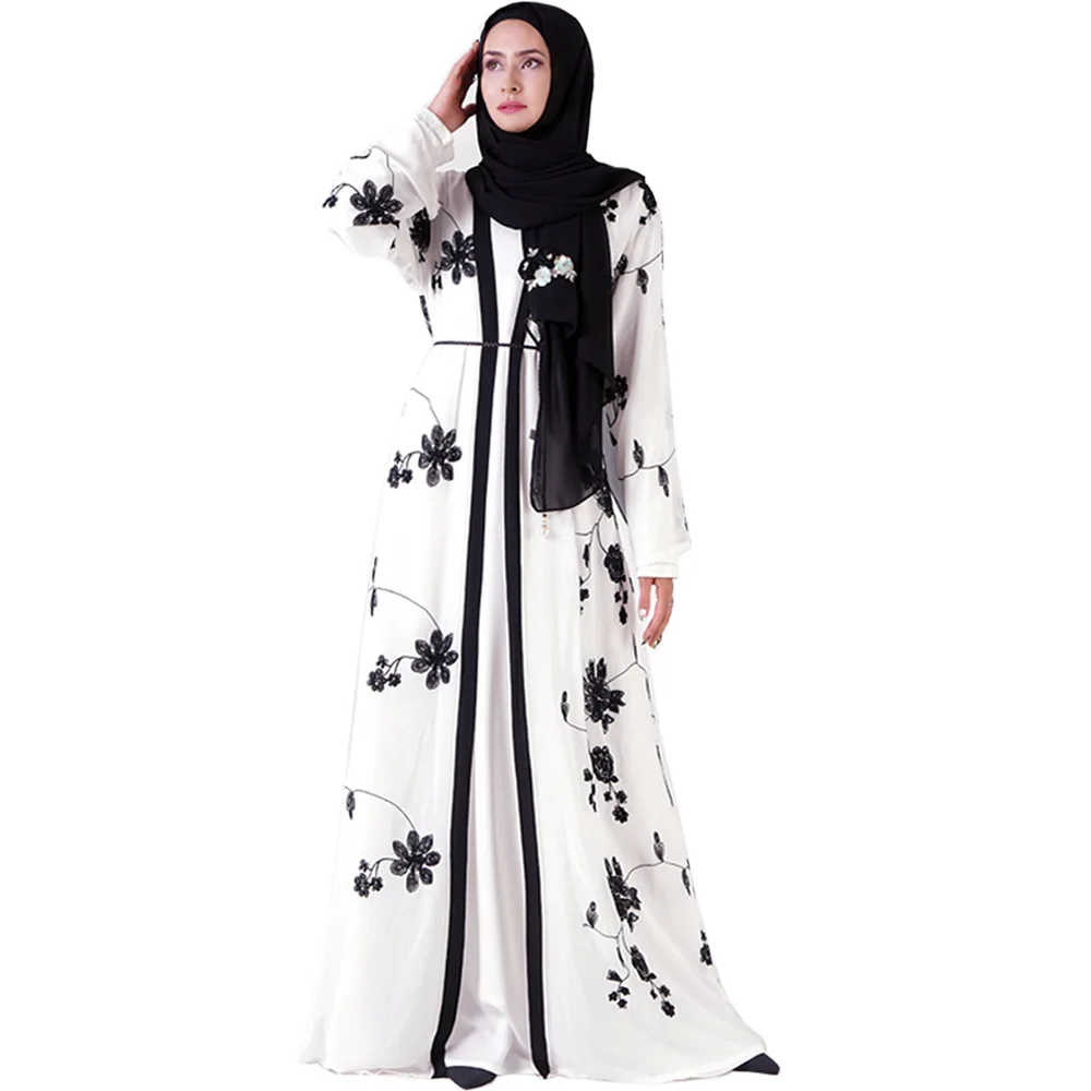 Muslimani tam kaftan Abaya Vezenje Cvetlični Outwear Ženske Abaya Dolge Plašče Kimono Čipke-up Kimono Hidžab Obleko Arabsko-Islamska Oblačila