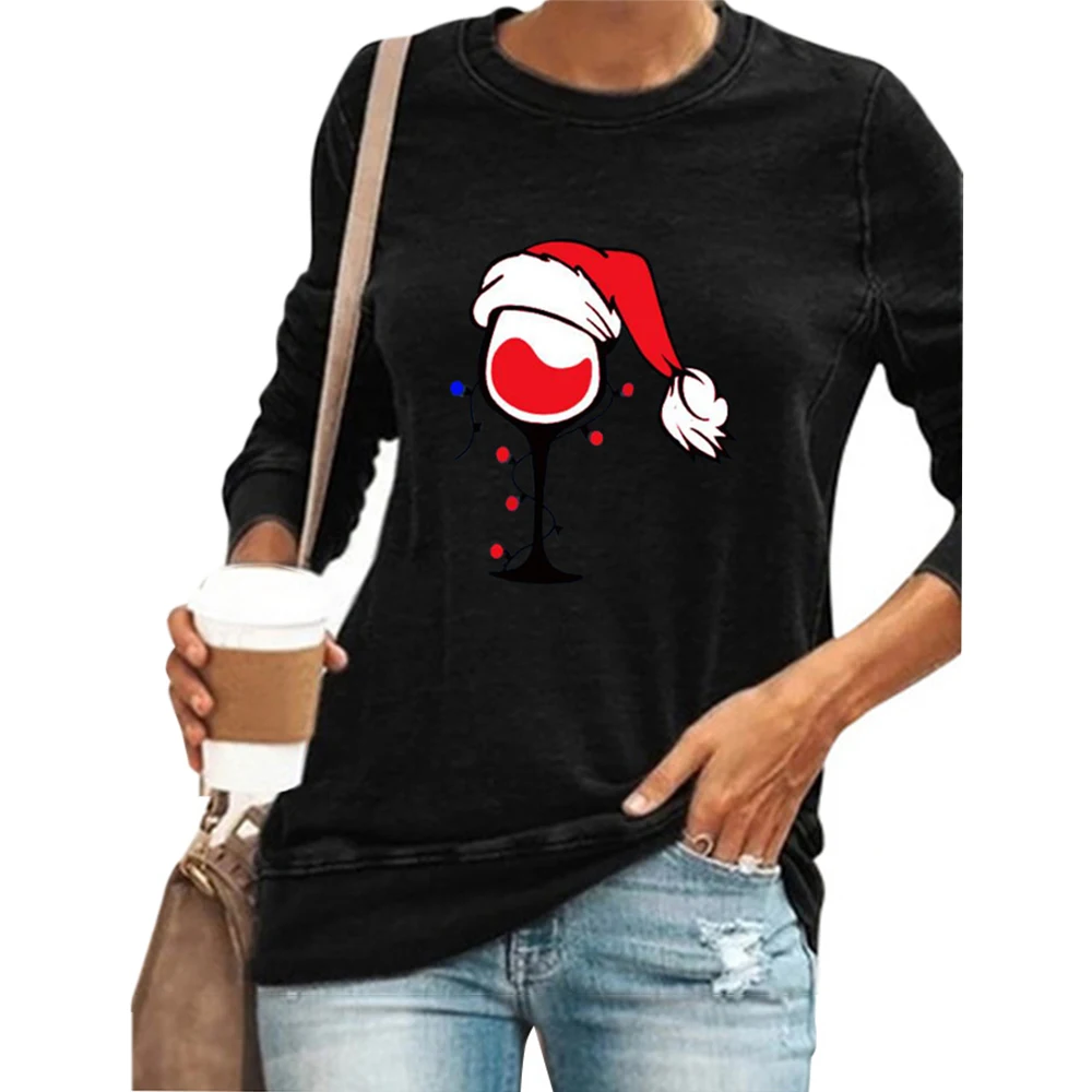 Nove Ženske Božič, Rdeče Vino, Trava Natisnjeni T-Shirt Majica Dolg Rokav O-Vratu Pulover Ženske Vrhovi Lady Tees T Shirt Mujer Camisetas
