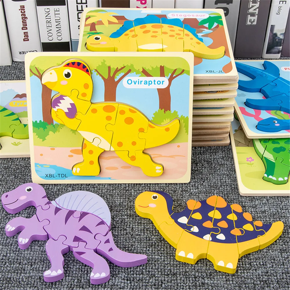 3D Dinozaver Puzzle Otroci Smešno Možganov Lesa Igrača Začetku Izobraževalne Lesene Otroške Igrače Risanka Dinozaver Puzzle Za Otroka od 2 do 4 Let
