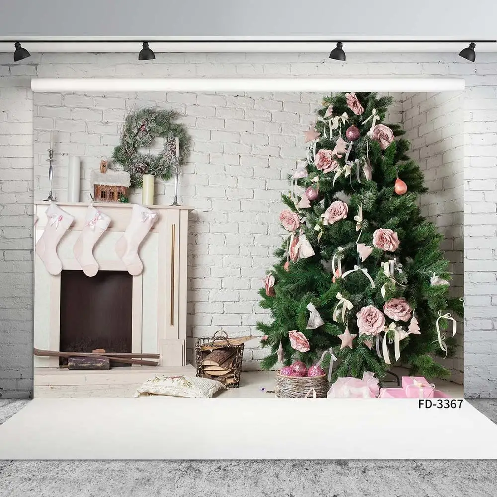 Božično Drevo Decors Roza Cvetovi Beli Zid Fotografija Ozadja Ozadje po Meri za Otroka, Otrok, Družina Photophone