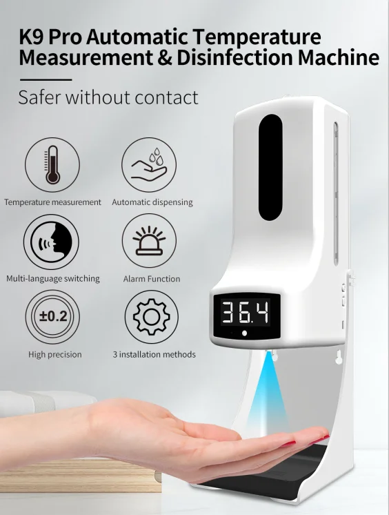 Nov prihod nadgradnjo K9 Pro samodejno Telesne Temperature & hand sanitizer spray milo razpršilnik podpira 5-jezik za Javno Mesto