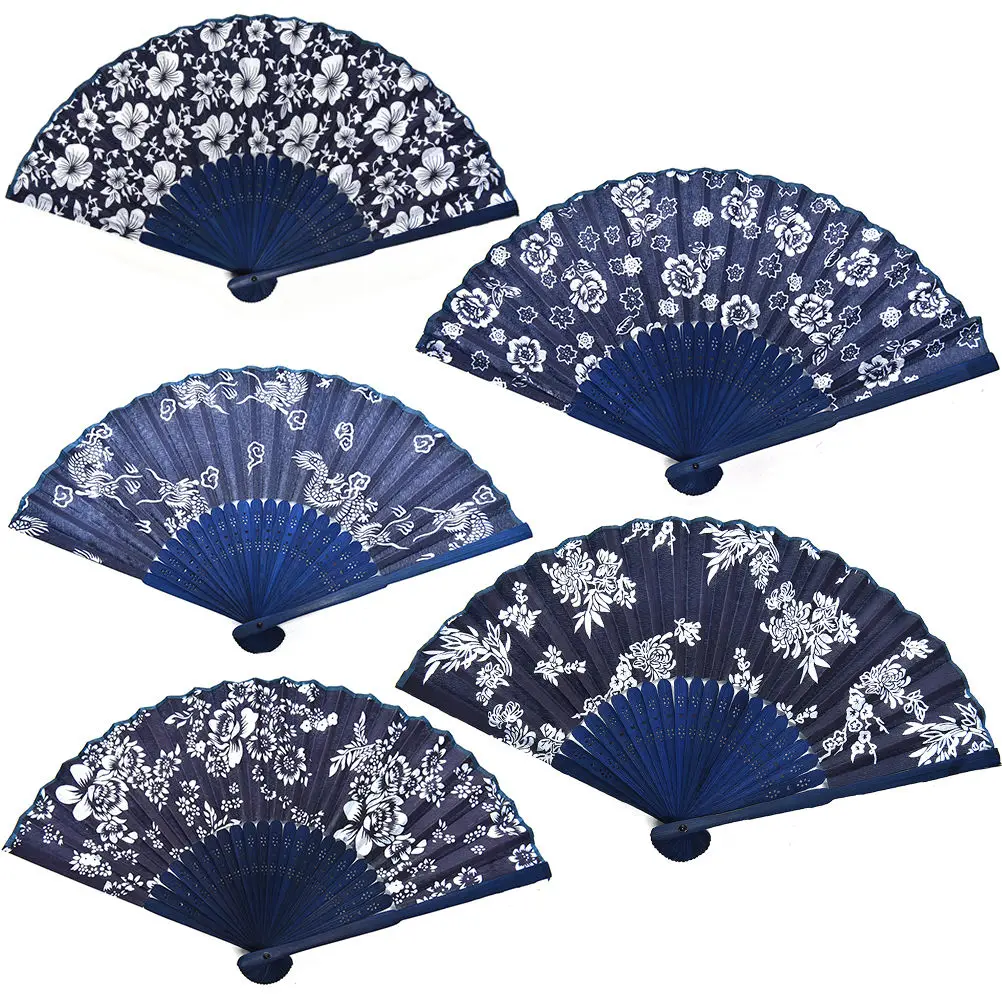 Modra Tkanina Ročno Fan Cool Klasične Cvet Design Kitajski Slog Z Obarvane Modro Bambusa Okvir Svate Korist Dekor