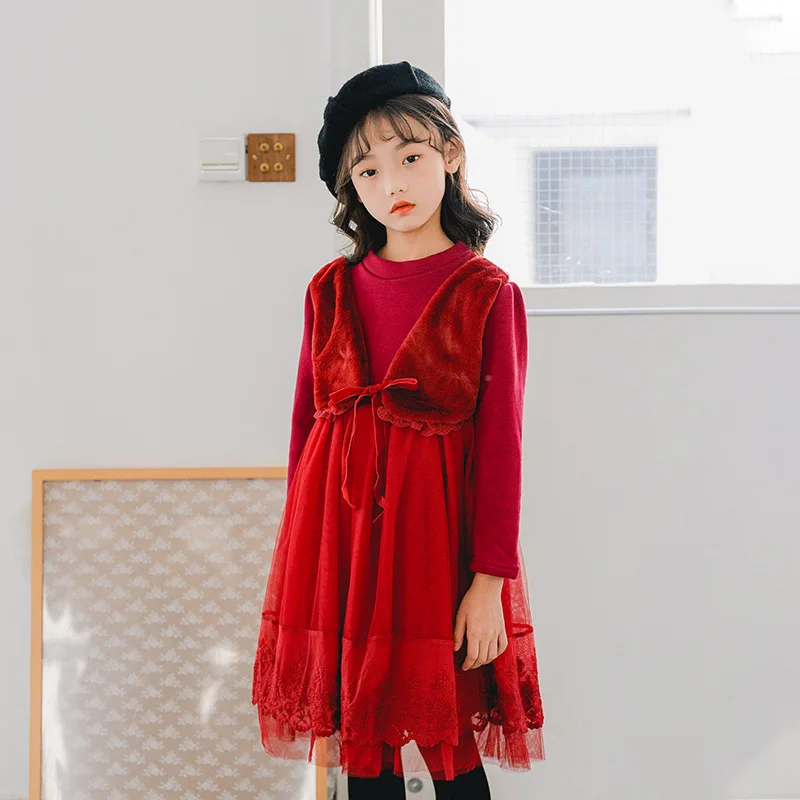 Novo 2019 Črno Rdeče Mah Čipke Princesa Obleke Za Malo Velik, Dekleta Pozimi Aline Obleko Baby Otroci Mozaik Tople Obleke Oblačila