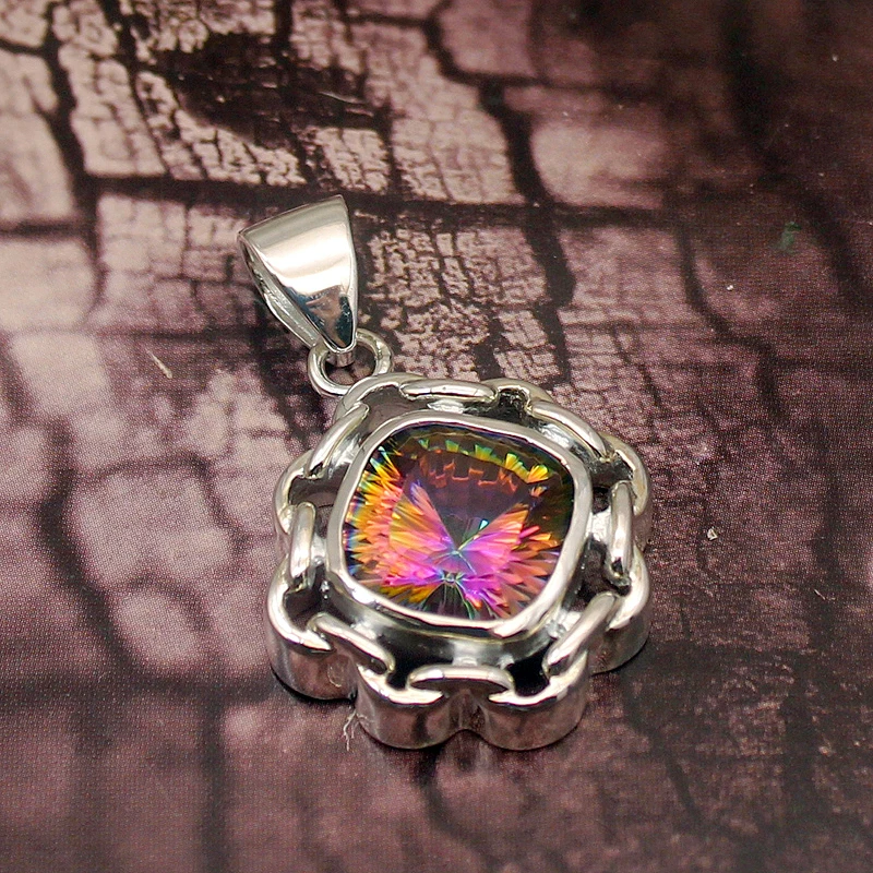 Elegant Cute Rainbow Fire Mystic Topaz Silver Color Necklace Pendants 36MM VC104