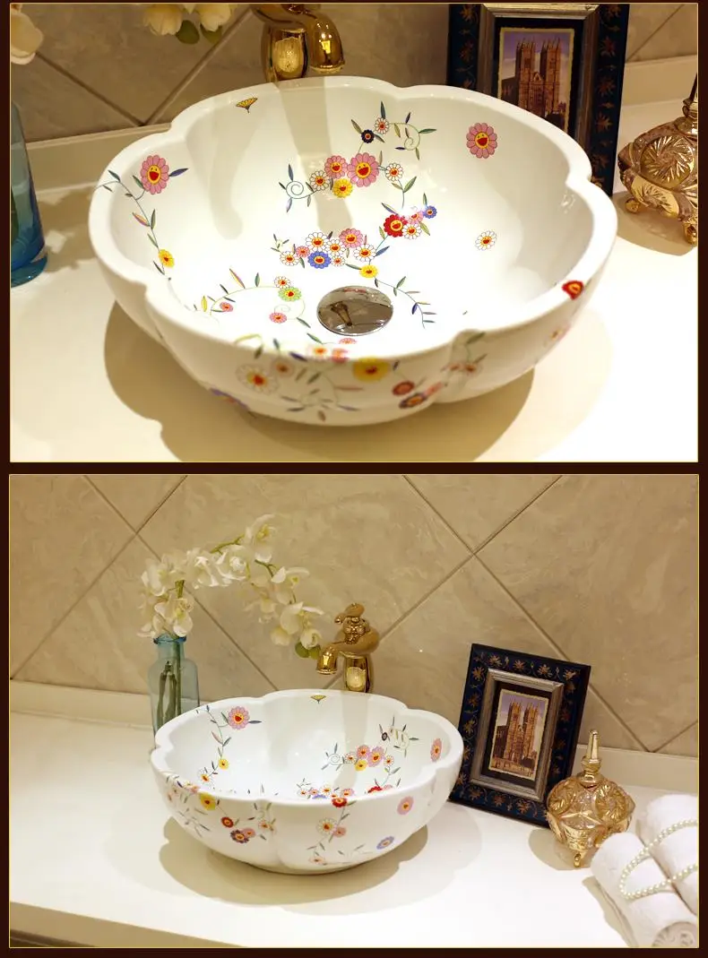 Evropa slog cvet obliko korito Jingdezhen Umetnosti Števec Vrh lavabo korito ročno poslikane keramike in porcelana keramični umivalnik, Kopalnica, umivalnik
