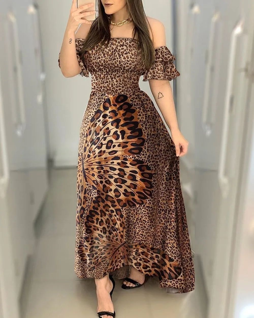 Metulja Print Obleko Leopard Natisniti Eno-ramo Lotus Rokav Poletje Modni Imperij Velik Swing Dolga Obleka Ženske Lugentolo