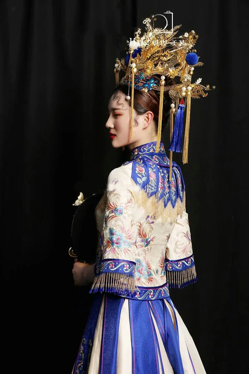 HIMSTORY Pretirana Ročno Pav Headdress Phoenix Coronet Fazi Kažejo, Kitajski Vintage Style Modra Tassel Dodatki za Lase
