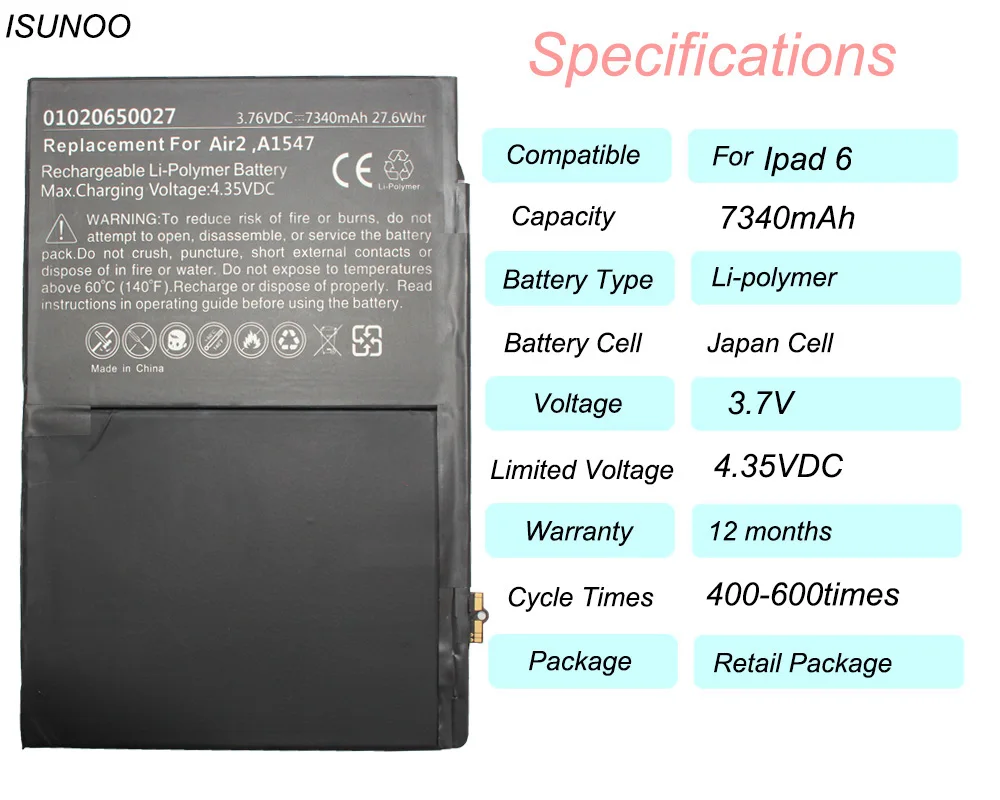ISUNOO 2pcs/veliko Baterije Za ipad zraka 2 7340mAh A1547 za Apple Tablet Batteria Zamenjava z orodja za popravilo