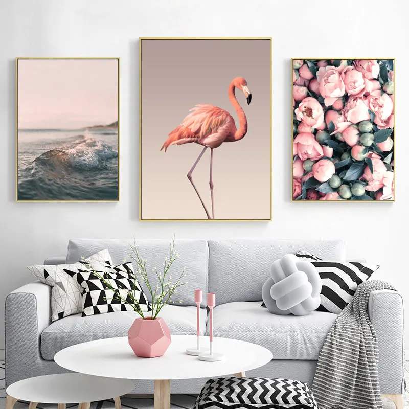 Nordijska Pink Flamingo Rose Platno Slikarstvo Skandinavskih Ocean Krajine Plakat Wall Art Tiskanje Fotografij za Dnevni Sobi Doma Dekor