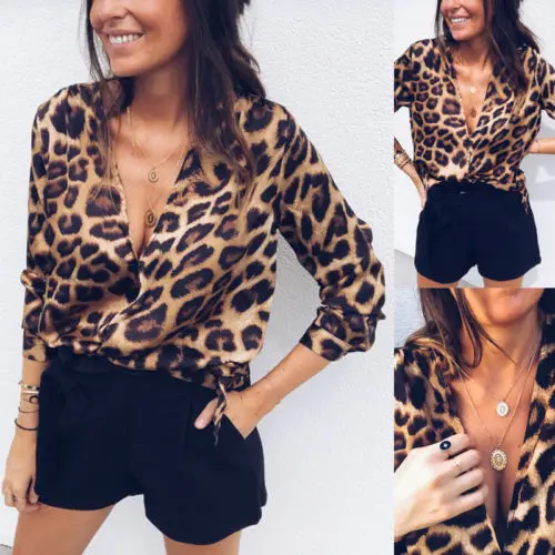Moda Za Ženske Svoboden Leopard Print Majica Dolg Rokav V-Neck Top Majice Bluzo Vroče