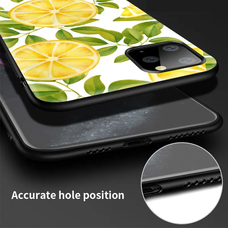 Črn Telefon Primeru Za Apple iPhone 11 12 Pro Max Mehki Silikonski Capa Za iPhone 7 XR X Plus Kritje Zeleno Listje, Sadje, Limona, Breskev