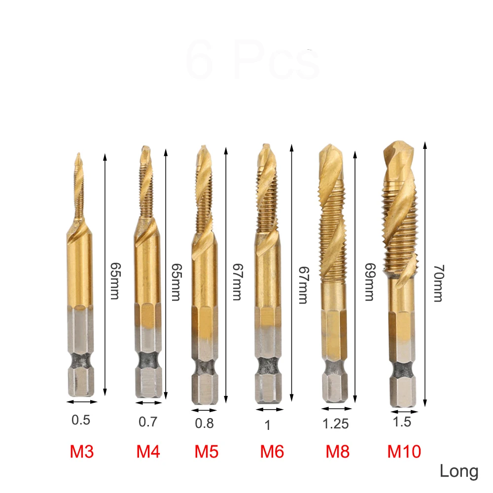 6Pcs 1/4 Palca M3-M10 Kombinacija Vaja Tapnite Bit Nastavite HSS Globina Metrični Navoj Tapnite Spojina Visoke Hitrosti Sprememb Ročno Orodje