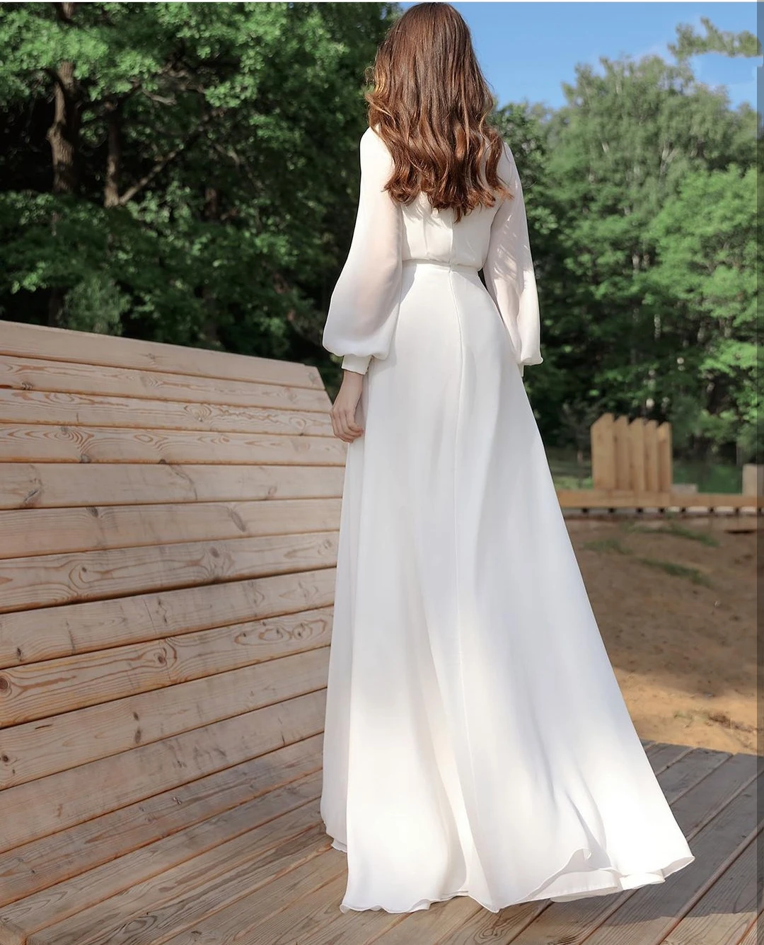 Princesa Poročno Obleko 2021 Boho Dolg Rokav Šifon Mehka Tla Dolžina Preprost Plaži Poceni