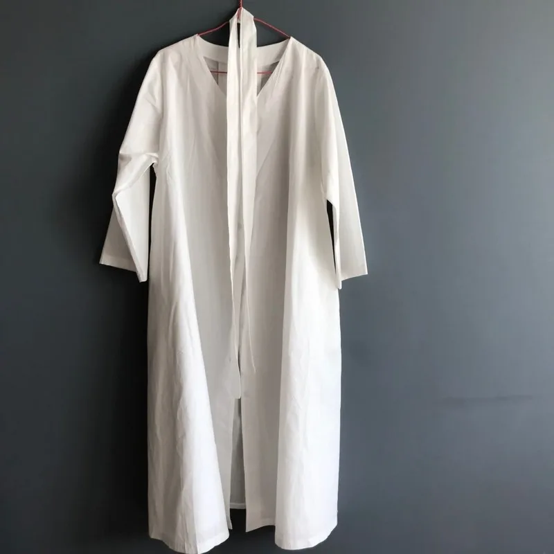 GOOHOJIO Novo 2020 Ženske Obleke Pomlad Poletje Bombaž in Lan Elegantno Naguban Dolge Bele Obleke V Vratu Čipke Lok Ena Velikost