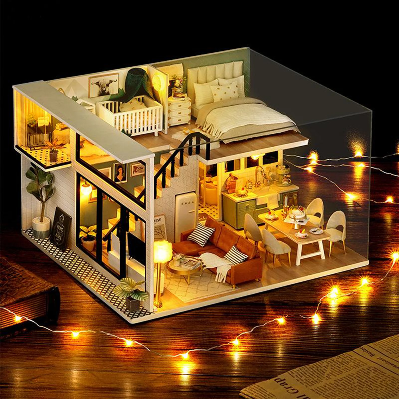 LED DIY Lesene Miniaturni Lutka House 1:24 Kabini Kit za Otroke, Romantično Darilo