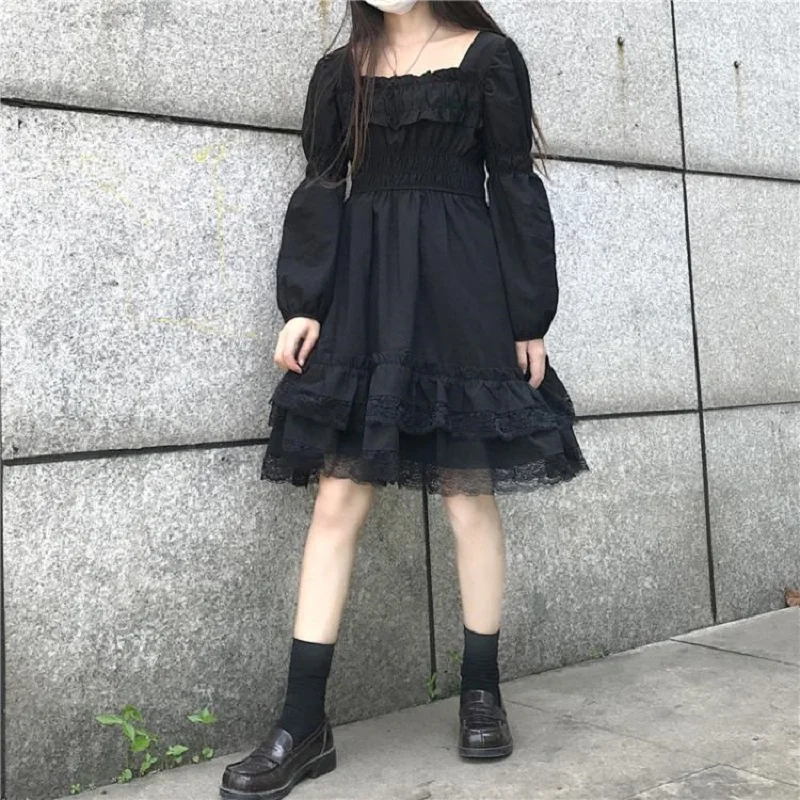 Japonske Ženske Viktorijanski Gothic Kvadratnih Ovratnik Čipke Ruffles Black Lolita Obleko Jeseni Dekleta Punk Stil Long Sleeve Mini Obleke