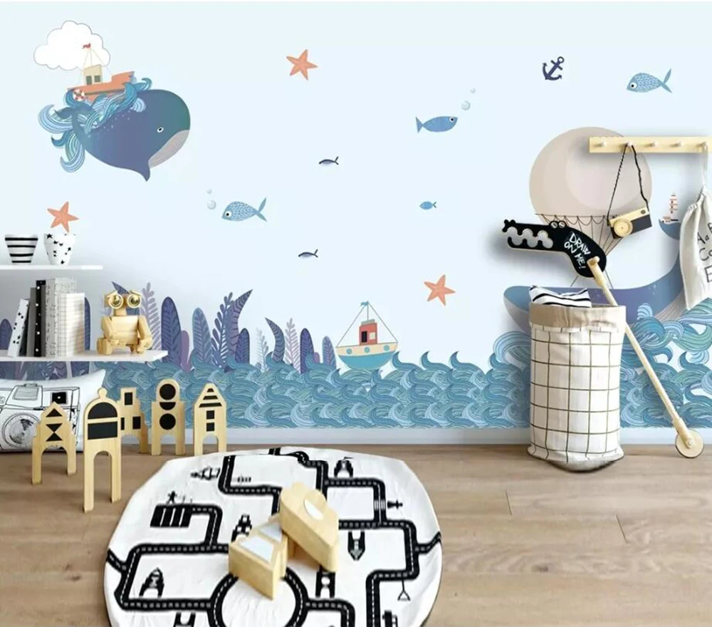 Po meri zidana Nordijska ustvarjalne ročno poslikano morskega kita, ilustracije, otroška soba, spalnica ozadju stene papirja