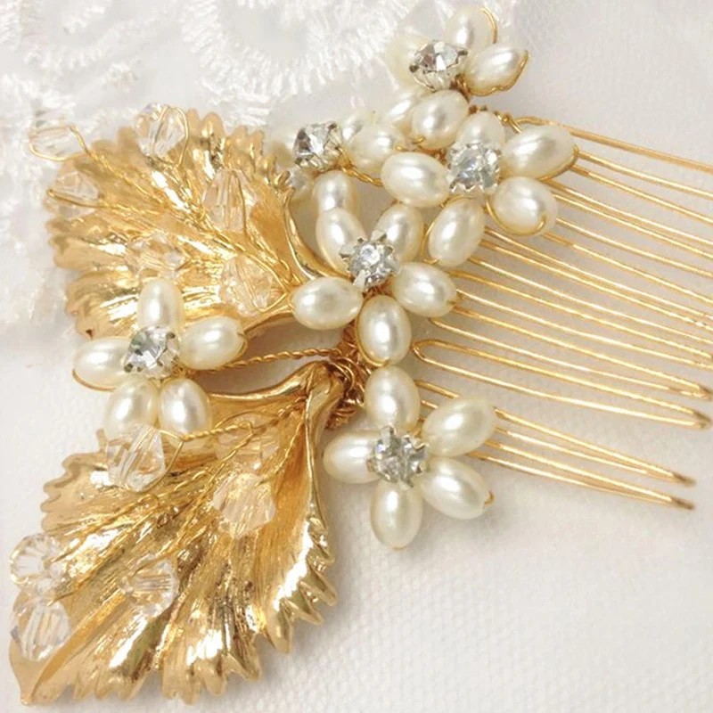 Lasje glavnik ženske rastlinskih listov srčkan naglavni del modni brvi dekoracija poročne headdress pearl cvet, poročni nakit, modni nakit