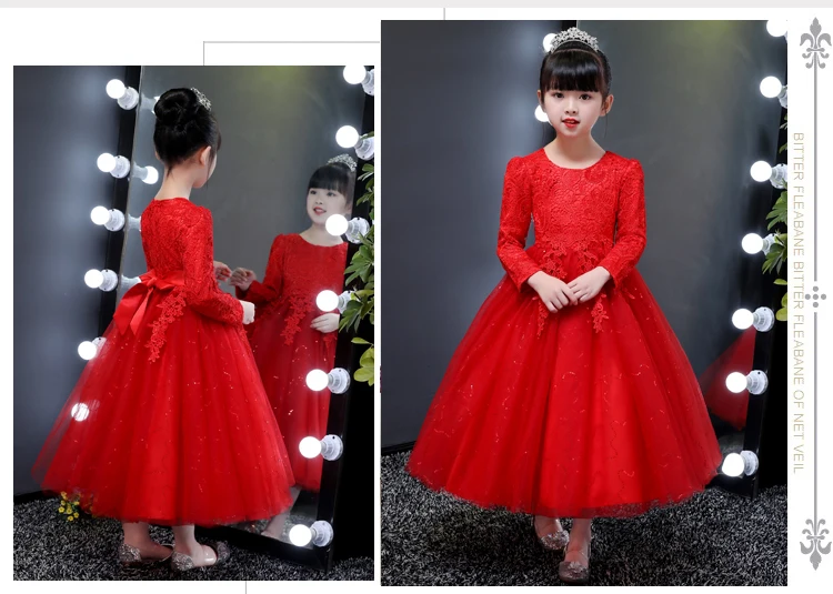 2018 Dekle, Princesa Poročno Obleko Z Dolgimi Rokavi Beading Til Otroci Poročno Obleko Dekleta Rojstni Dan Družico Obleke Poletje Vestidos
