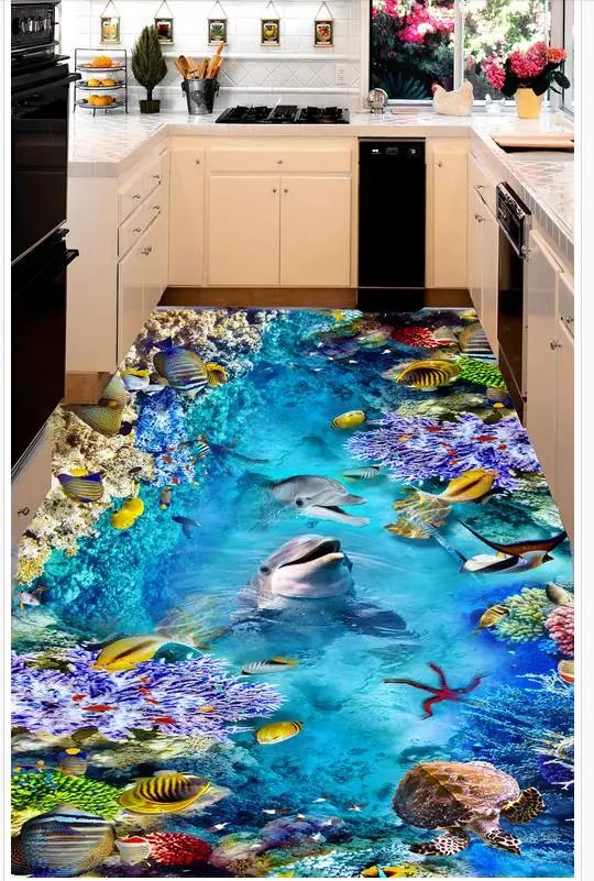 Sodobna nalepke, 3D tla Sea world delfini in želve Zidana-3d PVC Ozadje samolepilne Tla Ozadje-3d