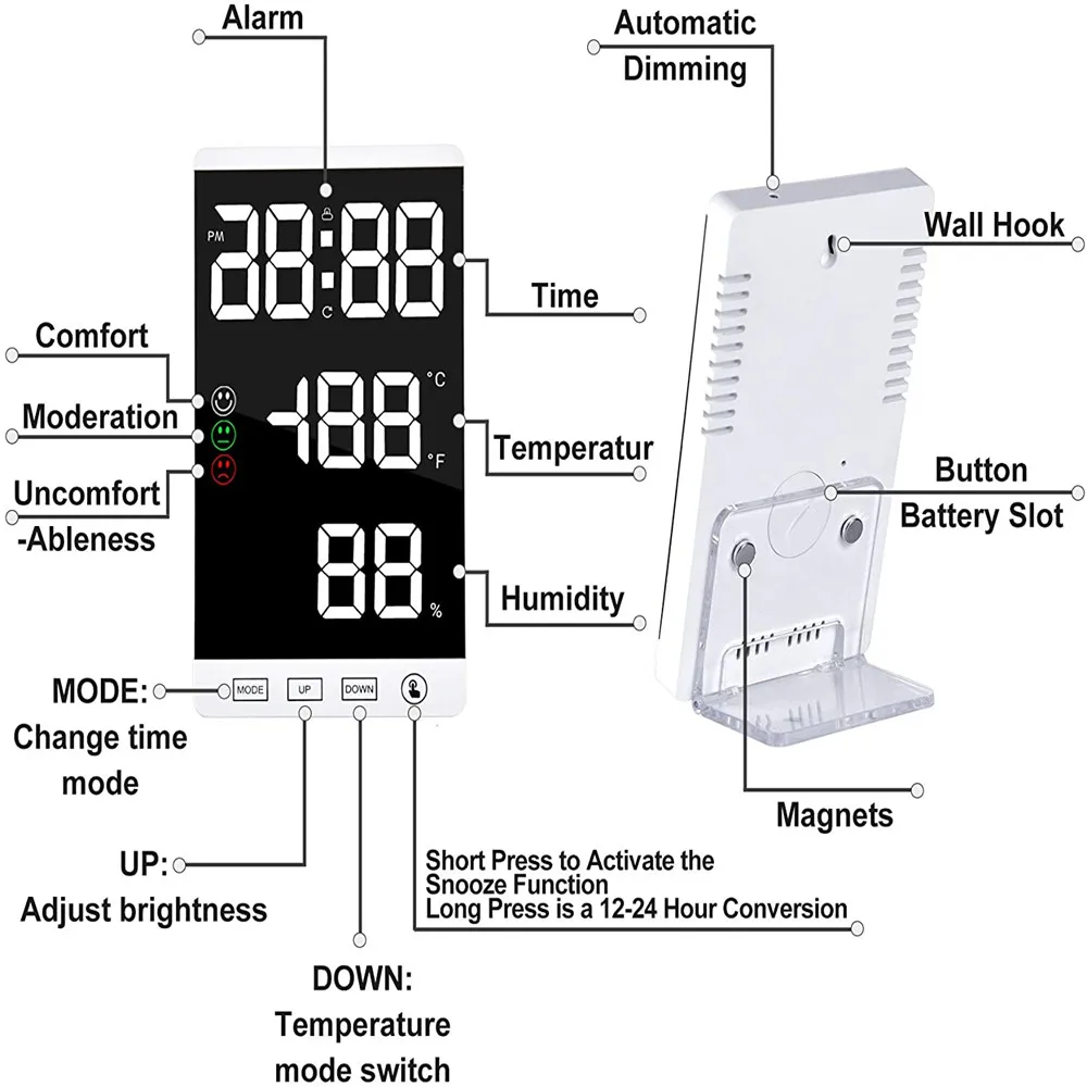 Digitalni temperature in vlažnosti Zaslon z zaslonom na Dotik Ogledalo LED Budilka za Spalnice Postelji Home Office