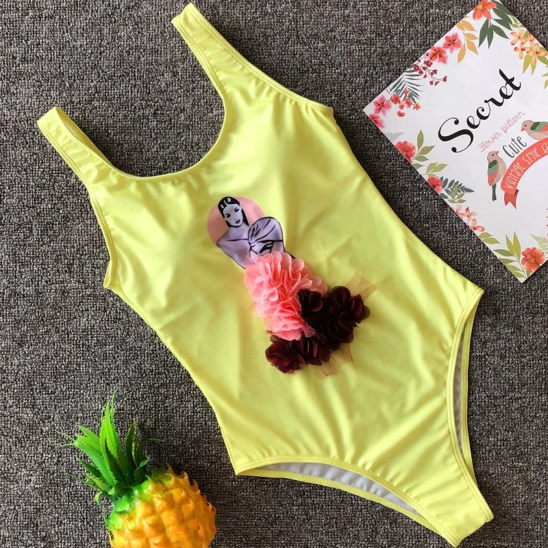 2019 Poletje Ženske 3D cvet, En Kos Slim Kopalke Retro Trdna kopalke Bikini Oblazinjeni Plažo 5 barv