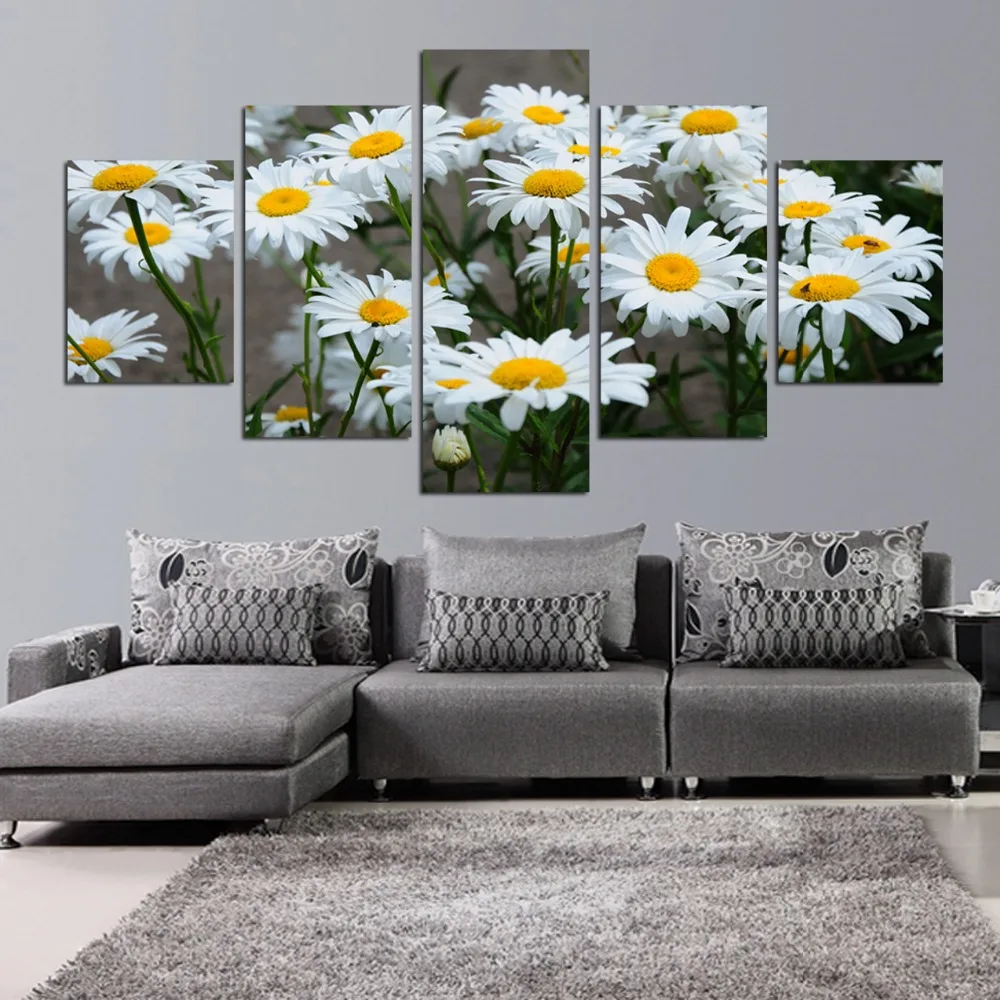 Platno Doma Dekor Slikarstvo Modularni Okvir Slike HD Natisnjeni 5 Plošča Bela Marjetica, Sončnica Cvetje Plakat Soba Wall Art