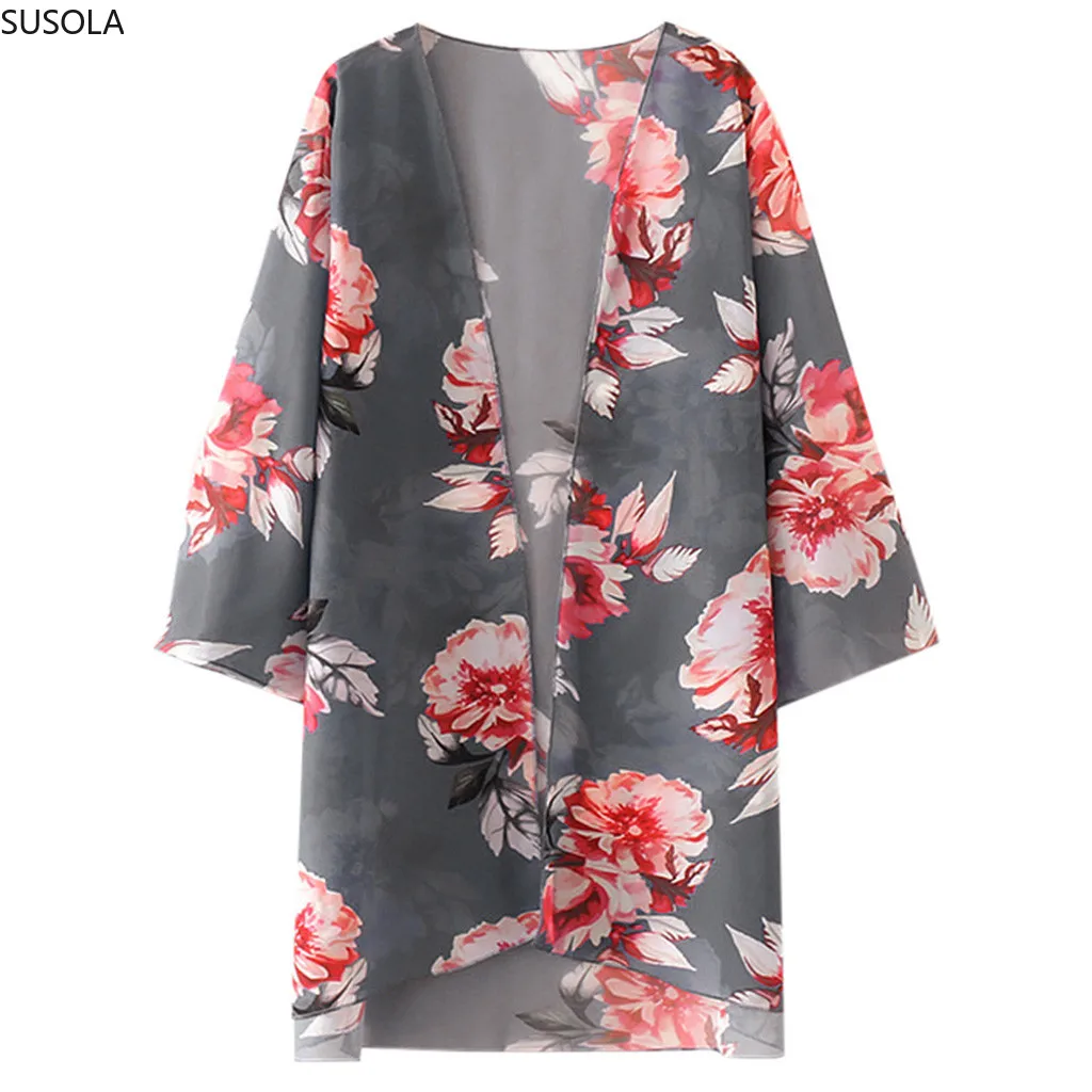 Ženske Poletne Plaže Cvjetnim Tiskanja Priložnostne Šifon Kimono Bluzo Ženska Moda Za Zaščito Pred Soncem Svoboden Kritje Ups 2020