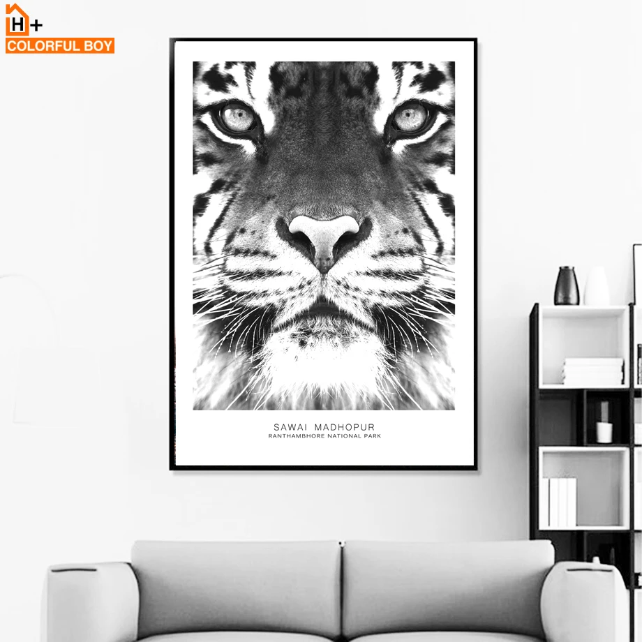 COLORFULBOY Tiger Črno Belo Fotografijo Živali Plakat Nordijska Platno Umetniško Tiskanje Slik Na Steno dnevne Sobe Umetniške Slike Doma Dekor