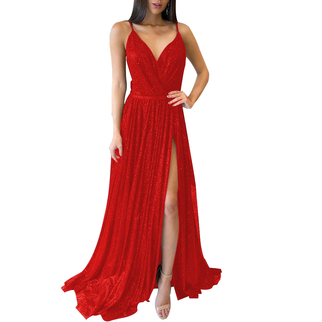 Vroče Prodaje Brezplačna Dostava Špageti Trak V Vratu Sparkly Ženske Večerno Obleko Vestidos Kayars Elegantno Režejo Rdeče Večerne Dolgo