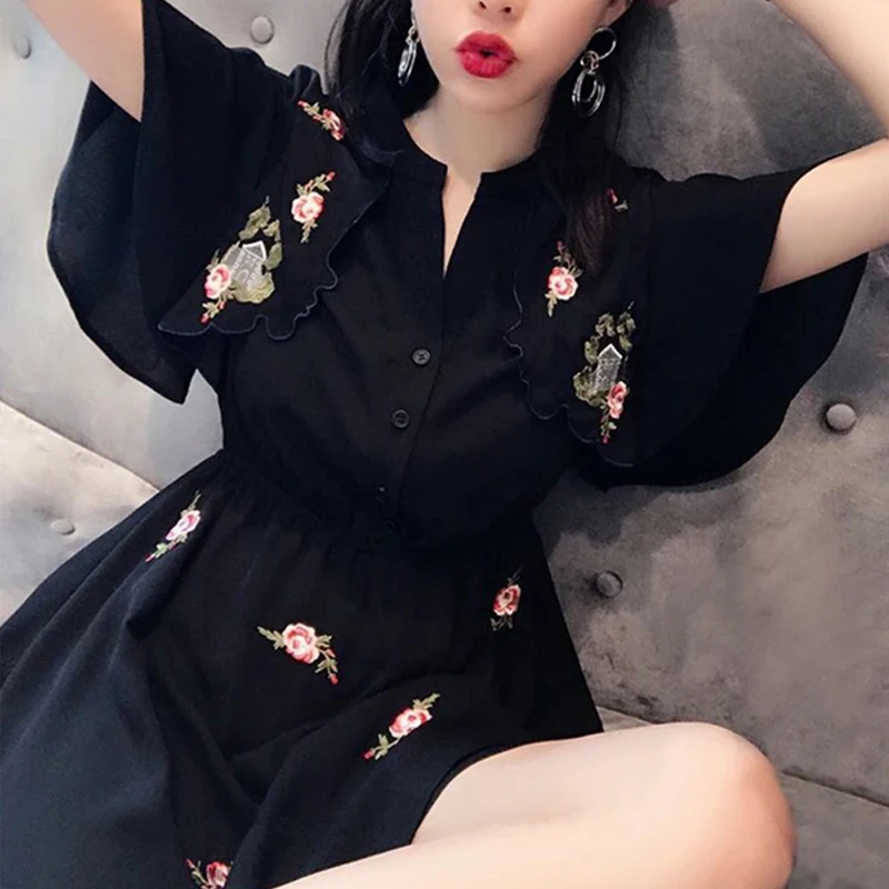 Poletje Obleko 2018 korejske Ženske Črna Šifon Vezenje Cvetlični Obleko Kratek Rokav A-Linijo Proti-Vrat Obleke Vestido Moda ZL087